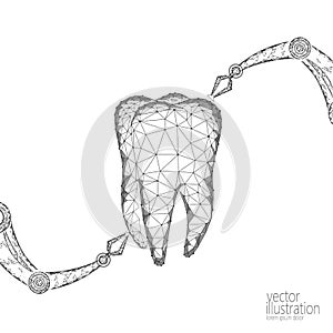 3d tooth innovation robot arm polygonal concept. Stomatology symbol low poly triangle abstract oral dental medical care