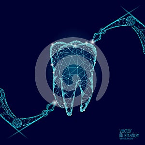 3d tooth innovation robot arm polygonal concept. Stomatology symbol low poly triangle abstract oral dental medical care