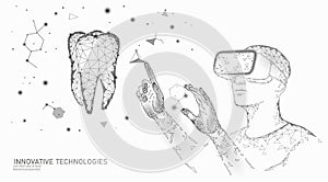 3d tooth innovation virtual reality polygonal concept. Stomatology symbol low poly triangle. Abstract oral dental