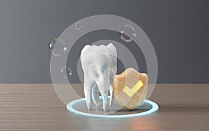 3d tooth with Shield protect,. Cute dentist mascot. Oral health and dental inspection teeth. Medical dentist tool, children