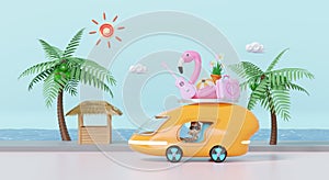 3d tourist buses run along the beach road with boy, tree, guitar, luggage, sunglasses, flower, flamingo isolated on blue. summer