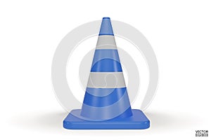 3d traffic cones with white and blue stripes isolated on white background. Construction cone icon. Single blue traffic warning