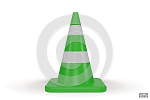 3d traffic cones with white and green stripes isolated on white background. Construction cone icon. Single green traffic warning