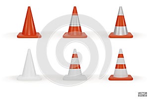 3d traffic cones with white and orange stripes isolated on white background. Construction cone icon. Single orange traffic warning