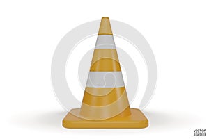 3d traffic cones with white and yellow stripes isolated on white background. Construction cone icon. Single yellow traffic warning