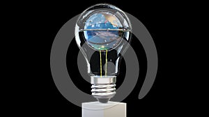 3D traffic Earth revolving inside of a classic lightbulb, loop, against black