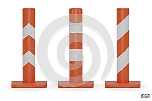 3d traffic poles with white and orange stripes isolated on white background. Construction pole icon. Single orange traffic warning