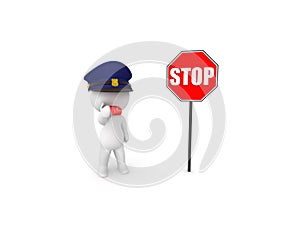 3D Traffic warden next to stop sign