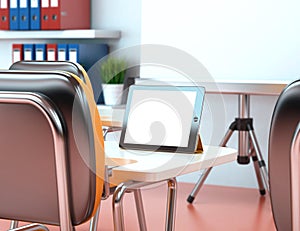 3D Training center with blank tablet. Business workshop. Mockup