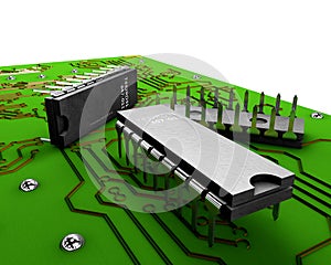 3d Transistor on the green plate on a white background