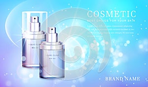 3D transparent glass cosmetic spray bottle with shiny glimmering background template banner