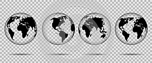 3d transparent globes of Earth icon. Globus silhouette with continent usa, europe, asia, africa. Realistic black continents on