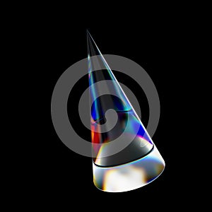 3d Transparent glossy cone with dispersion effect. Rainbow colors reflection glass. 3d render illustration