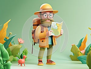 3d traveller with a map in the jungle. Strange animal is looking at him