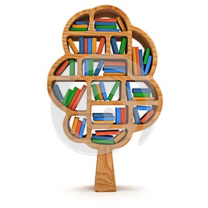 3d Tree of knowledge. Bookshelf on white.