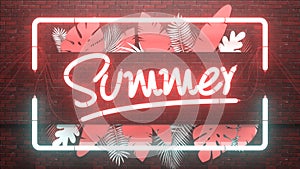 3D Trendy neon summer tropical design with exotic palm leaves and lettering illustration
