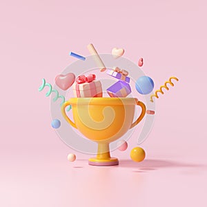 3D Trophy cup with floating gift, heart, ribbon and geometric shapes on pink background, celebration, winner, champion and reward