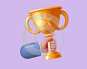 3d trophy. Winner hand, success and award, prize cup, win champion and best goal, reward and competition. Victory and