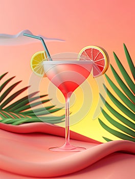 3d tropical cocktail on the beach. Red background. Sunset. Summer vibe. Fruits, flowers and blue sky