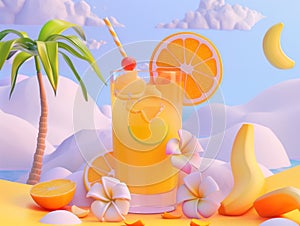 3d tropical cocktail on the beach. Summer vibe. Fruits, flowers and blue sky