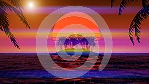 3d tropical sunset with island and palm trees. Ocean and neon sun in synthwave and new retrowave aesthetics 80s 90s