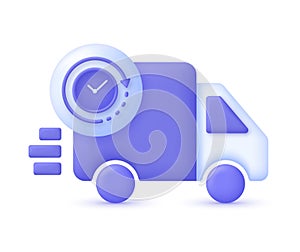 3D Truck and clock icon. 24,7 hours delivery illustration. Express delivery, shipping, truck icon, quick move
