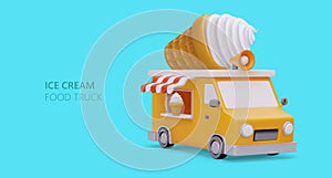 3D truck with megaphone and giant ice cream on roof. Classic summer moving sweet shop