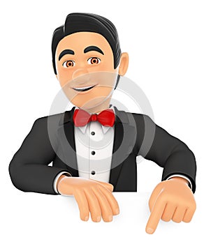 3D Tuxedo man pointing down. Blank space