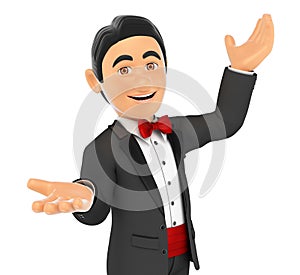 3D Tuxedo man presenting something with their hands up