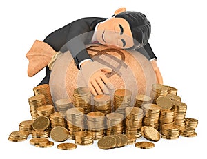 3D Tuxedo rich man hugging his money