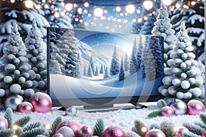 3D TV showing a snowy winter landscape with a festive background of Christmas decorations.