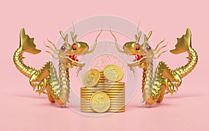 3d two gold dragon with Gold dollar coins stacks, chinese new year 2024 capricorn. 3d render illustration