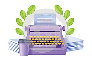3D typewriter vector poet success icon, old typing machine literature poetry idea, creative article.
