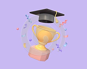 3D university or college graduate cap for student. graduation hat with medalist and gold cup. students award ceremony concept. 3d