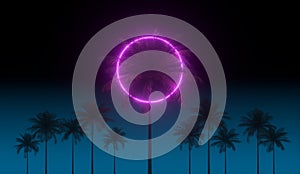 3D vaporwave render background with neon circle, palms and night blue sky. Synthwave 1980s rentowave illustration.