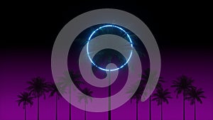3D vaporwave render background with neon circle, palms and night violet sky. Synthwave 1980s rentowave illustration.