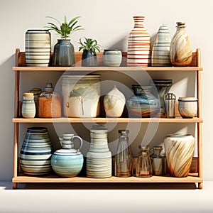 3d Vases On Shelf: Earthy Palette With Detailed Rendering