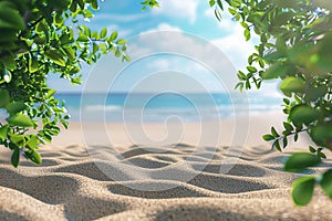 3D vector of a beautiful sandy beach with blurry sky and trees in summer. summer travel ideas