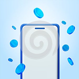 3d vector blue coins explosion effect out from smartphone device screen banner design. Mobile phone with lot of money