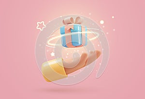 3d vector cartoon human hand giving magic gift box with light effect vector illustration. Arm holding blue giftbox