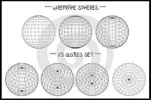 3D vector design with wireframe sphere globes on white isolated