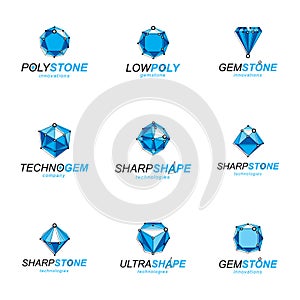 3d vector digital wireframe objects created with lines mesh. Low poly shapes collection, lattice forms. Set of gemstone icons.