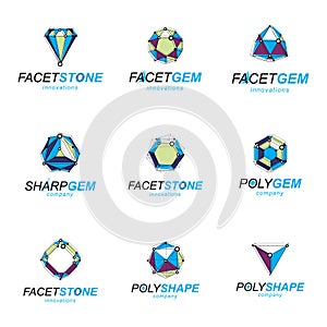 3d vector digital wireframe objects created with lines mesh. Low poly shapes collection, lattice forms. Set of gemstone icons.