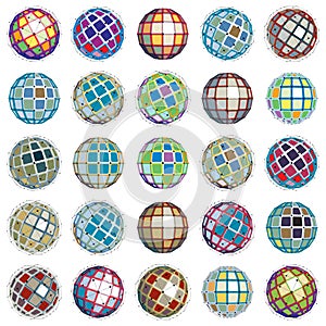 3d vector digital wireframe spherical objects made using different geometric facets. Polygonal orbs created with lines mesh. Low