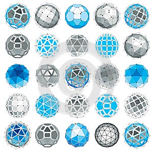 3d vector digital wireframe spherical objects made using different geometric facets. Polygonal orbs created with lines mesh. Low