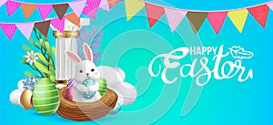 3D Vector Easter banner with rabbits and beautiful painted eggs on background.Greetings and presents for Easter Day Concept of