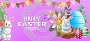 3D Vector Easter banner with rabbits and beautiful painted eggs on background.Greetings and presents for Easter Day Concept of