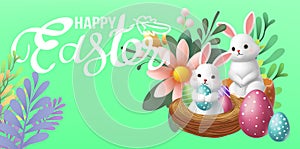 3D Vector Easter banner with rabbits and beautiful painted eggs on background.Greetings and presents for Easter Day Concept of