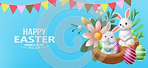 3D Vector Easter banner with rabbits and beautiful painted eggs on background.Greetings and presents for Easter Day Concept of