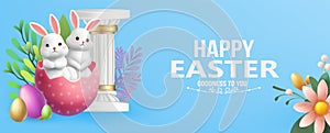 3D Vector Easter banner with rabbits and beautiful painted eggs on background.Greetings and presents for Easter Day Concept of